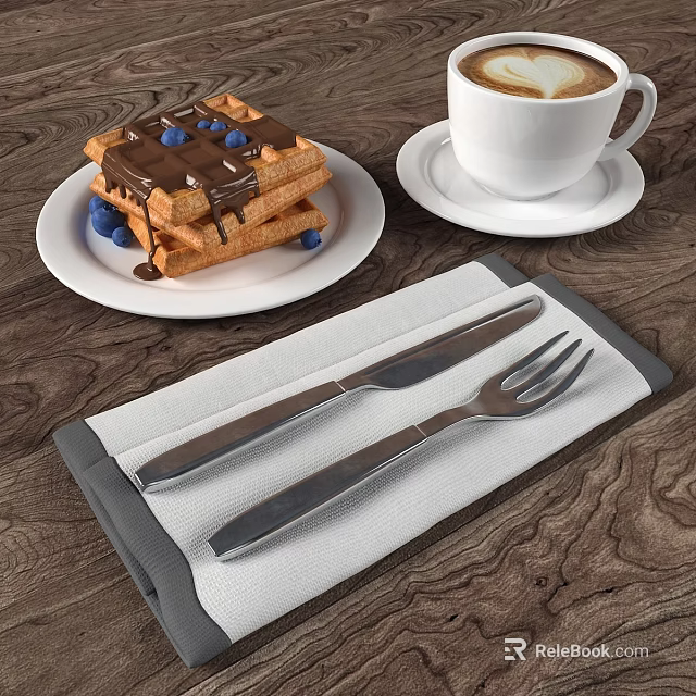 Waffles With Chocolate Sauce Blueberries On White Plate Coffee And Cutlery On Napkin Wooden Table 3d model 