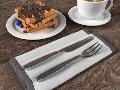 Waffles With Chocolate Sauce Blueberries On White Plate Coffee And Cutlery On Napkin Wooden Table 3d model
