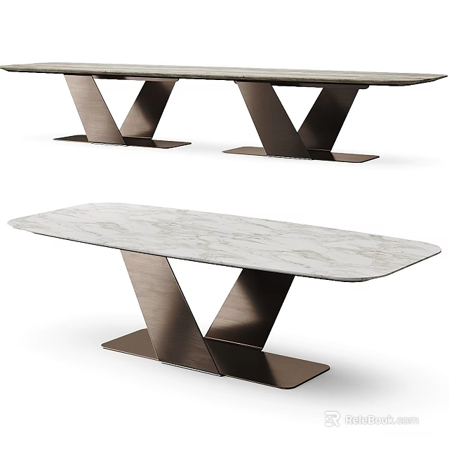 Elegant Modern Marble Top Dining Table With Sturdy Cross Shaped Bronze Metal Support Structure 3d model 