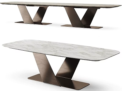 Elegant Modern Marble Top Dining Table With Sturdy Cross Shaped Bronze Metal Support Structure 3d model
