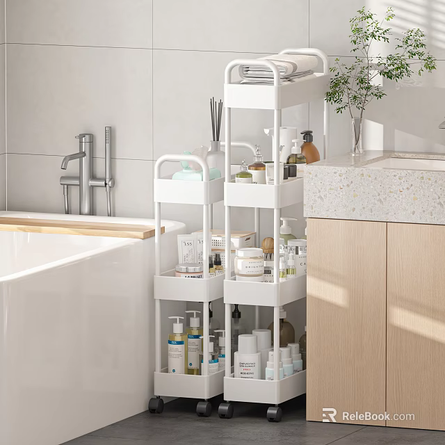 White Multi Tiered Bathroom Cabinet Rack With Toiletries And Skincare Storage 3d model 