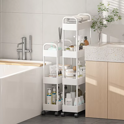 White Multi Tiered Bathroom Cabinet Rack With Toiletries And Skincare Storage 3d model