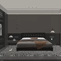 Modern Bedroom Interior With Dark Leather Headboard Bed Nightstands And Pendant Lamp