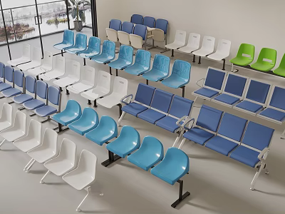 Colorful Public Chairs in Blue White Green Neatly Arranged Indoor Space with View 3d model