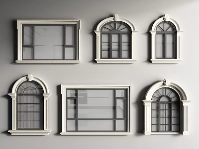 Various Designed Rectangular And Arched Windows With White Frames Black Glass On Gray Background 3d model