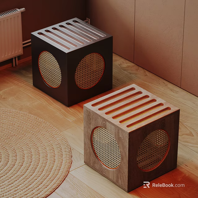 Modern Wooden Square Stools With Circular Mesh Panels And Slatted Tops On Wooden Floor 3d model 