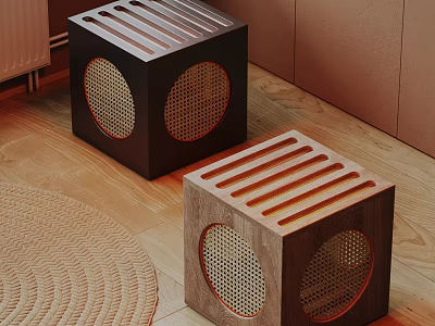 Modern Wooden Square Stools With Circular Mesh Panels And Slatted Tops On Wooden Floor 3d model