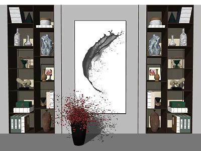 Elegant Dark Wood Bookcase With Decorative Vases Books And Central Painting 3d model