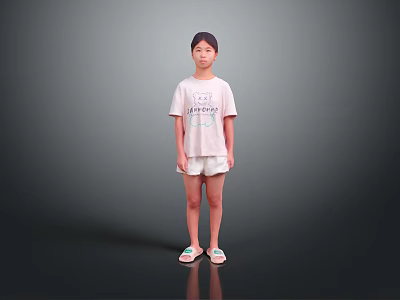 Young Woman In White T Shirt And Shorts With Green Pink Slippers On Gray Background 3d model