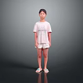 Young Woman In White T Shirt And Shorts With Green Pink Slippers On Gray Background