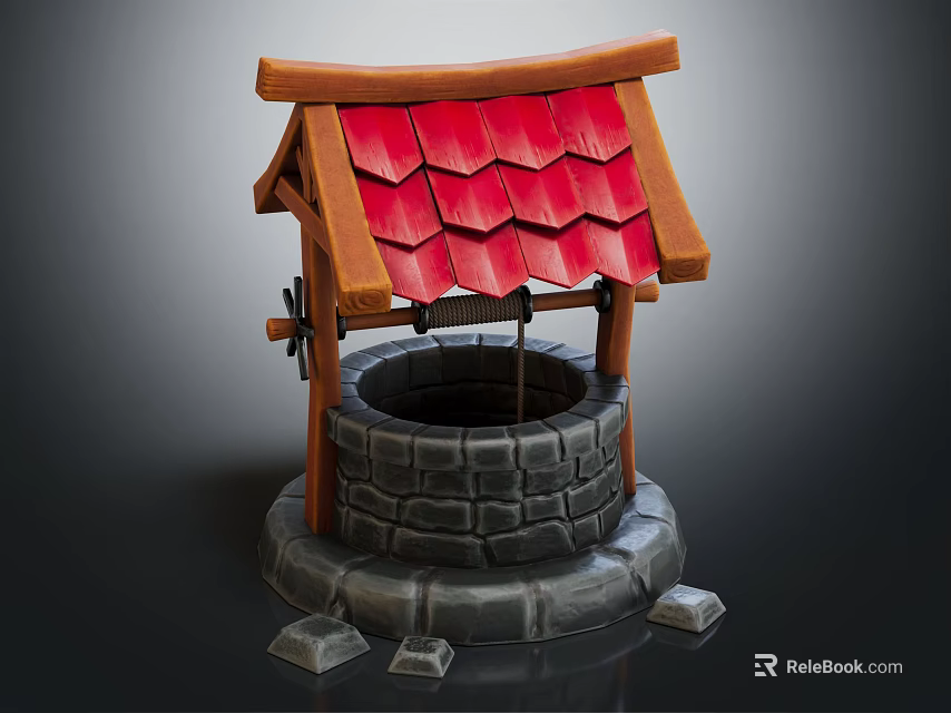 Garden Ornament Well Structure With Red Tiled Roof Wooden Frame And Stone Base 3d model 