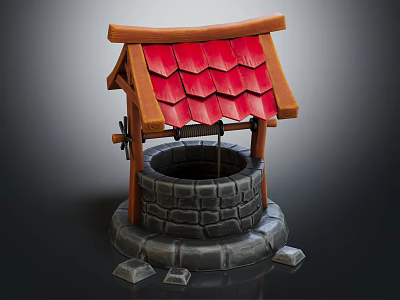 Garden Ornament Well Structure With Red Tiled Roof Wooden Frame And Stone Base 3d model
