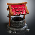 Garden Ornament Well Structure With Red Tiled Roof Wooden Frame And Stone Base