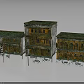 Old Weathered Buildings With Green Roofs Yellow Walls Arched Windows And Balconies