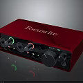 Red Focusrite Audio Interface with Control Knobs and Input Output Ports