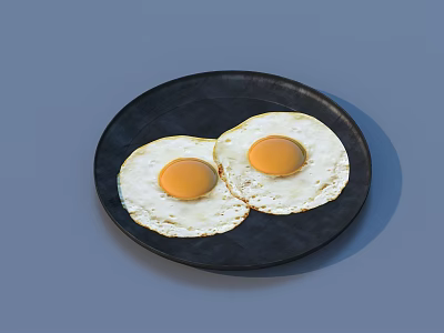 Two Freshly Cooked Crispy Sunny Side Up Fried Eggs On Black Ceramic Plate 3d model