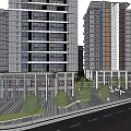 Modern High Rise Buildings With Glass Facades Urban Plaza And Greenery