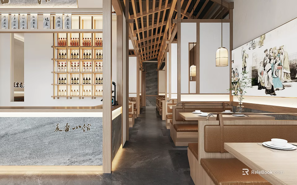 Japanese Style Restaurant Interior With Wooden Wine Rack Pendant Lights Booths And Wall Art 3d model 