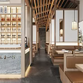 Japanese Style Restaurant Interior With Wooden Wine Rack Pendant Lights Booths And Wall Art
