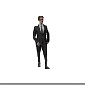 Man Walking in Formal Gray Suit With Blue Tie Against Black Background
