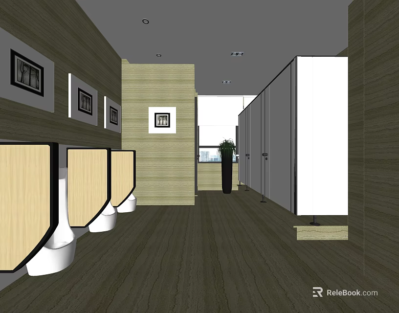Public Restroom Interior With Wooden Walls Stalls Decorative Frames And Potted Plant 3d model 