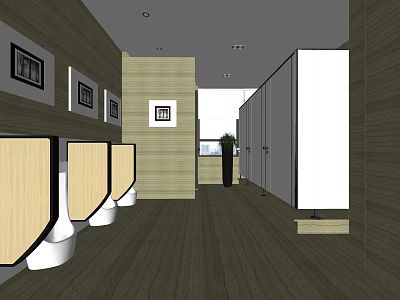 Public Restroom Interior With Wooden Walls Stalls Decorative Frames And Potted Plant 3d model