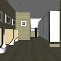 Public Restroom Interior With Wooden Walls Stalls Decorative Frames And Potted Plant