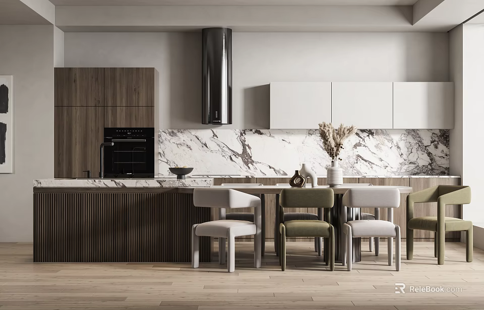 Modern Open Concept Kitchen Interior With Wooden White Cabinets Marble Countertop And Chairs 3d model 