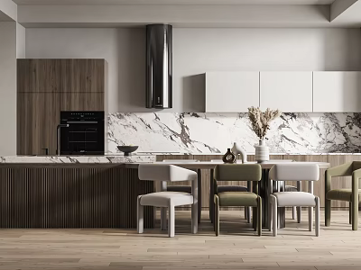 Modern Open Concept Kitchen Interior With Wooden White Cabinets Marble Countertop And Chairs 3d model