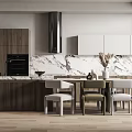 Modern Open Concept Kitchen Interior With Wooden White Cabinets Marble Countertop And Chairs