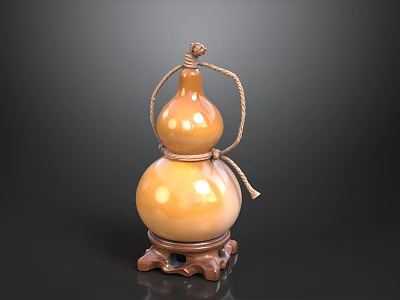 Gourd Shaped Orange Yellow Decorative Ornament Set With Rope Knot And Wooden Base 3d model