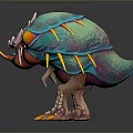 Game Movie Character Fantasy Monster With Blue Orange Yellow Spiked Horns Sharp Teeth Clawed Feet