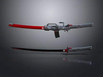 Sci Fi Mechanical Swords With Red And Black Blades And Gun Components 3d model