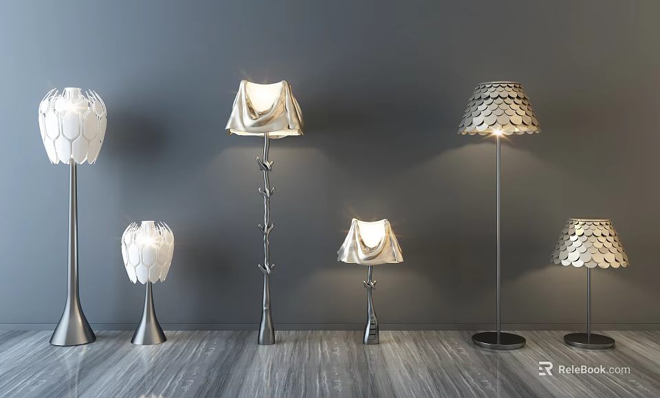 Modern Lighting Combinations With Floor And Table Lamps Scalloped Pleated White Shades 3d model 