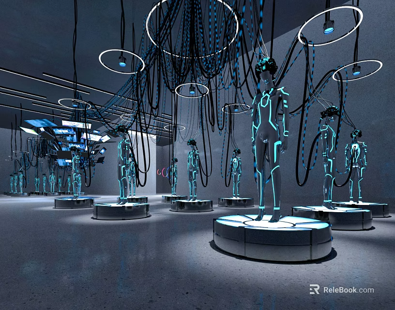 Futuristic Exhibition Space With Neon Lit Human Figures And Hanging Circular Lights 3d model 