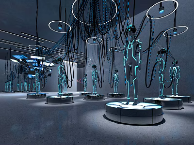 Futuristic Exhibition Space With Neon Lit Human Figures And Hanging Circular Lights 3d model