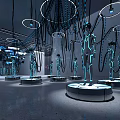 Futuristic Exhibition Space With Neon Lit Human Figures And Hanging Circular Lights 3d model