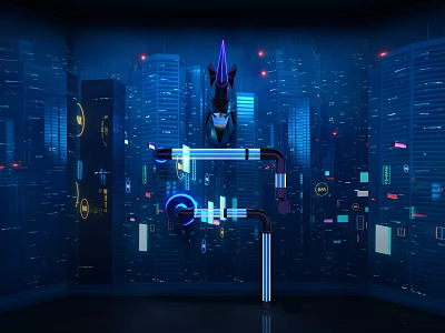 Cyberpunk City Environment With Glowing Neon Lights Tall Buildings And Mechanical Structures 3d model