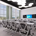 Modern Car Dealership Showroom With Multiple Cars Display Screens And Tables Chairs