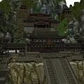 Cartoon Scene Featuring Chinese Ancient Architecture Snowy Mountains Rocky Cliffs and Snow Covered Steps