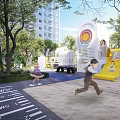 Garden Landscape With Green Lawn Colorful Balloons Children Playing Leisure Steps And Modern Building