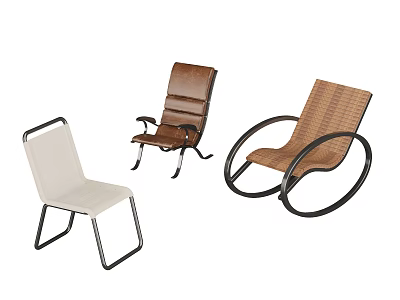 Modern Leisure Chairs With Brown Leather Armrests Rattan White Seats And Metal Frames 3d model