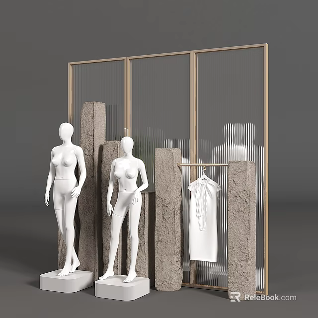 White Mannequins Display Setup With Hanging White Garment Textured Stone Pillars And Golden Frame Screen 3d model 