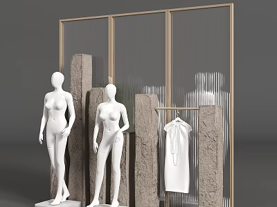 White Mannequins Display Setup With Hanging White Garment Textured Stone Pillars And Golden Frame Screen 3d model