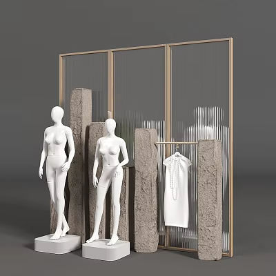 White Mannequins Display Setup With Hanging White Garment Textured Stone Pillars And Golden Frame Screen 3d model