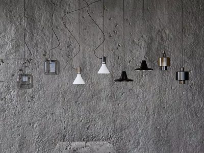 Various Designed Pendant Lights Hanging Against Rough Textured Wall Background 3d model