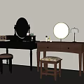 Wooden Dressing Tables With Round Mirrors Drawers Stools And Side Table Lamp
