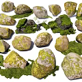 Natural Stone and Wood Elements with Moss Covered Rocks and Greenery 3d model