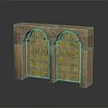 Traditional Wooden Entrance Gate With Arched Top Golden Circular Inlays and Symmetrical Pillar Design