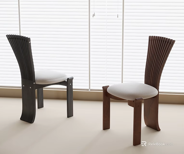 Wooden Single Chair With Slat Backrest White Cushion And Black Brown Frame By Window Blinds 3d model 